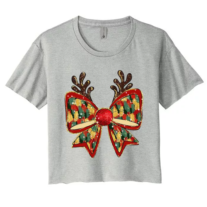 Funny Reindeer Coquette Bows Pajama Christmas Women Women's Crop Top Tee