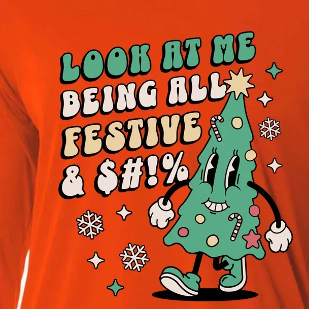 Funny Retro Christmas Tree Look At Me Being All Festive Cooling Performance Long Sleeve Crew