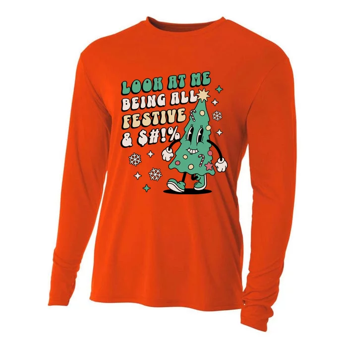 Funny Retro Christmas Tree Look At Me Being All Festive Cooling Performance Long Sleeve Crew