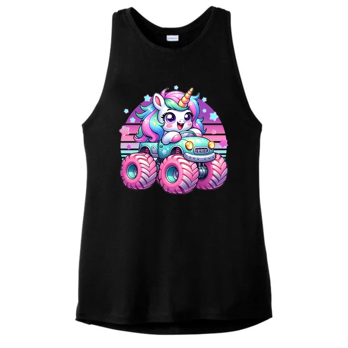 Funny Retro Cute Unicorn Monster Truck Ladies Tri-Blend Wicking Tank