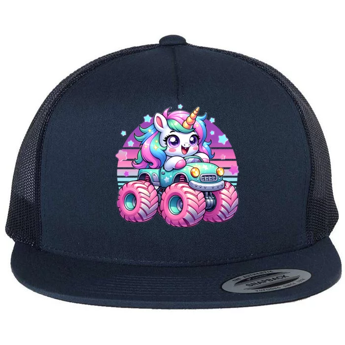 Funny Retro Cute Unicorn Monster Truck Flat Bill Trucker Hat