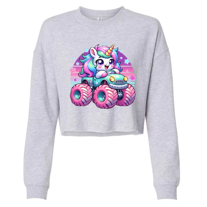 Funny Retro Cute Unicorn Monster Truck Cropped Pullover Crew