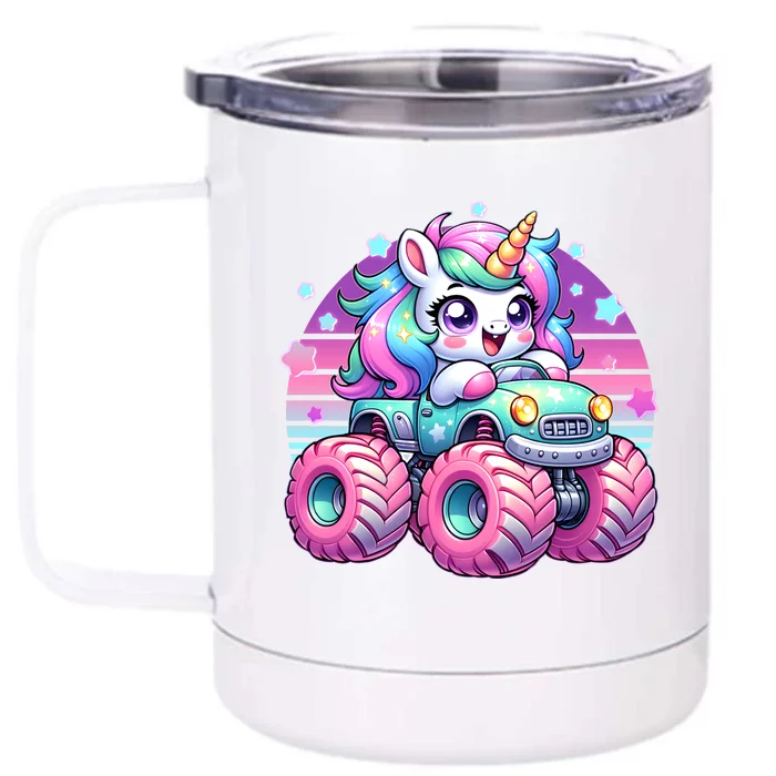 Funny Retro Cute Unicorn Monster Truck Front & Back 12oz Stainless Steel Tumbler Cup