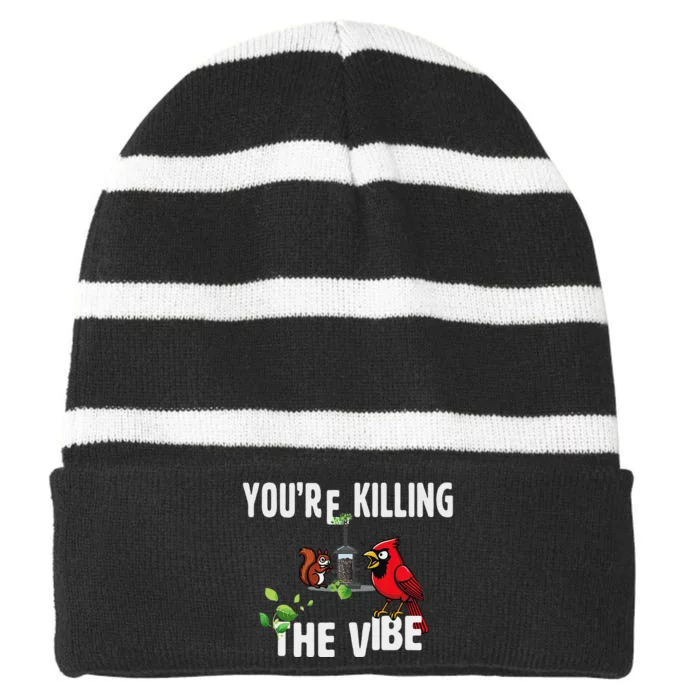 Funny Red Cardinal Squirrel Feeder Bird Watcher Killing Vibe Striped Beanie with Solid Band