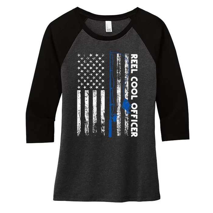 Fishing Reel Cool Officer Thin Blue Line Policeman Fisherman Women's Tri-Blend 3/4-Sleeve Raglan Shirt