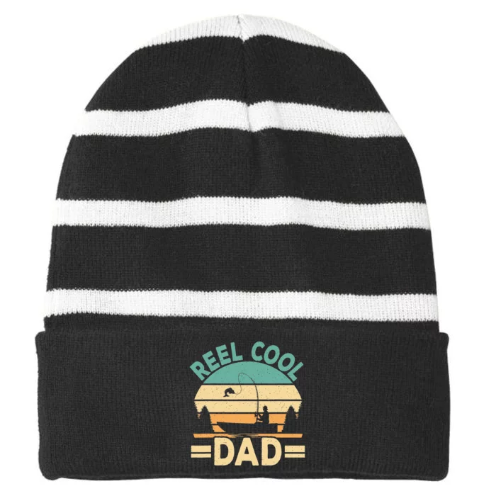 Funny Reel Cool Dad Fishing Fisherman Daddy Fathers Day Striped Beanie with Solid Band