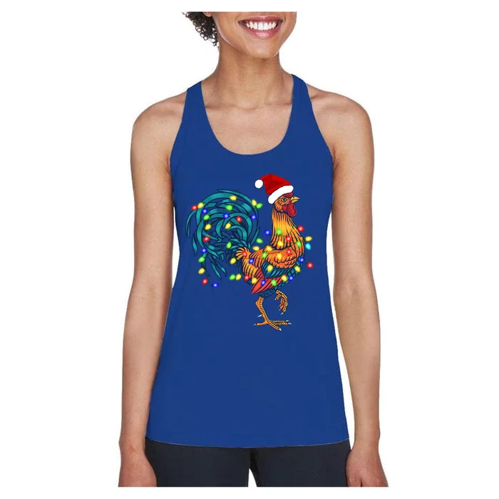 Funny Rooster Chicken Christmas Lights Pajama Farmer Funny Gift Women's Racerback Tank