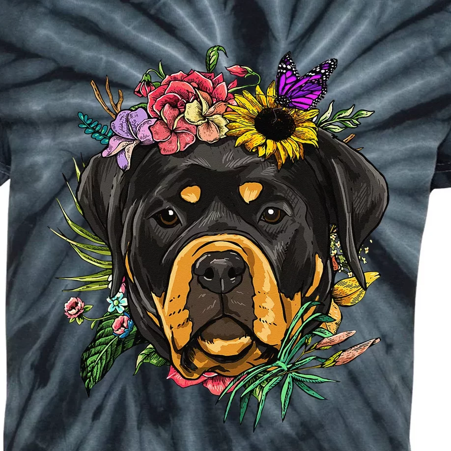 Floral Rottweiler Dog Spring Nature Rottweiler Lovers Kids Tie-Dye T-Shirt