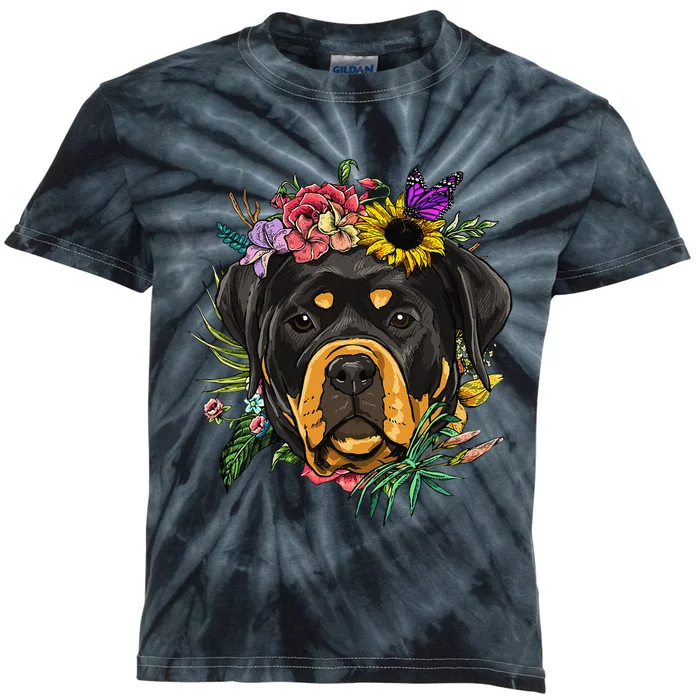 Floral Rottweiler Dog Spring Nature Rottweiler Lovers Kids Tie-Dye T-Shirt