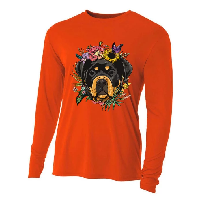 Floral Rottweiler Dog Spring Nature Rottweiler Lovers Cooling Performance Long Sleeve Crew