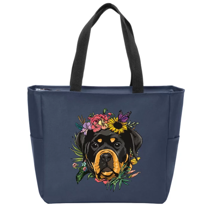 Floral Rottweiler Dog Spring Nature Rottweiler Lovers Zip Tote Bag