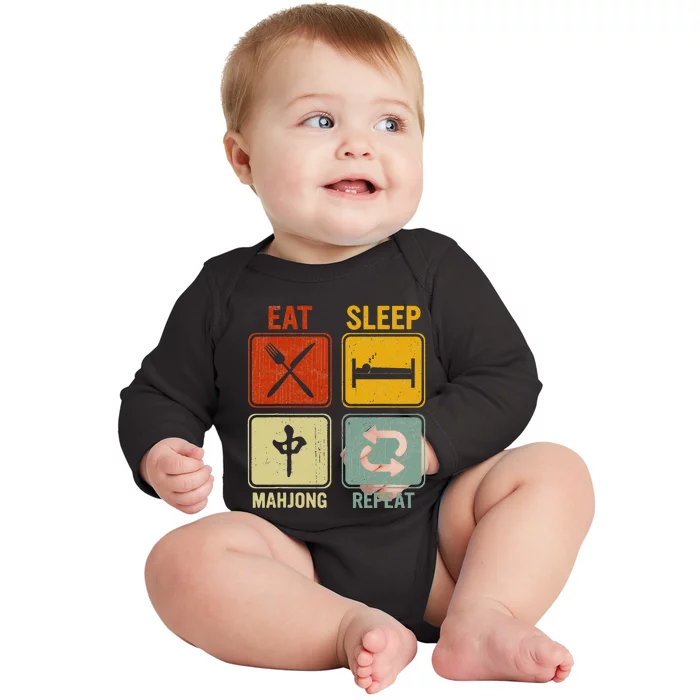 Funny Retro Design For   Eat Sleep Mahjong Repeat Baby Long Sleeve Bodysuit