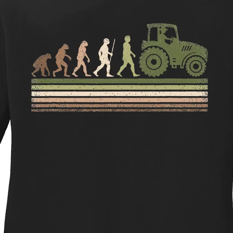 Funny Retro Evolution Tractor Farmer Farming Agriculture Ladies Long Sleeve Shirt