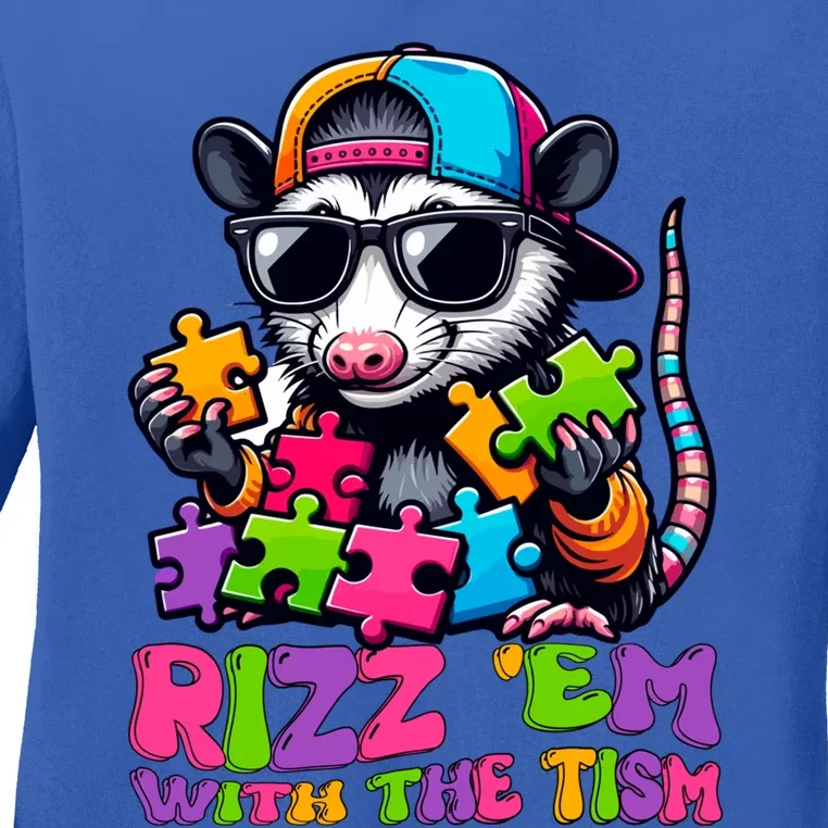 Funny Rizz Em With The Tism Groovy Opossum Meme Autism Gift Ladies Long Sleeve Shirt