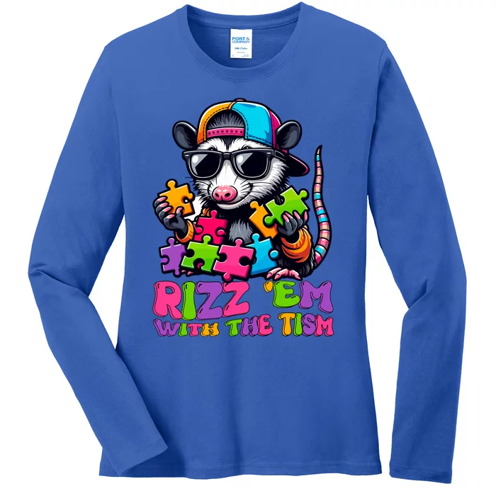 Funny Rizz Em With The Tism Groovy Opossum Meme Autism Gift Ladies Long Sleeve Shirt