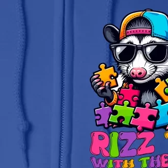 Funny Rizz Em With The Tism Groovy Opossum Meme Autism Gift Full Zip Hoodie