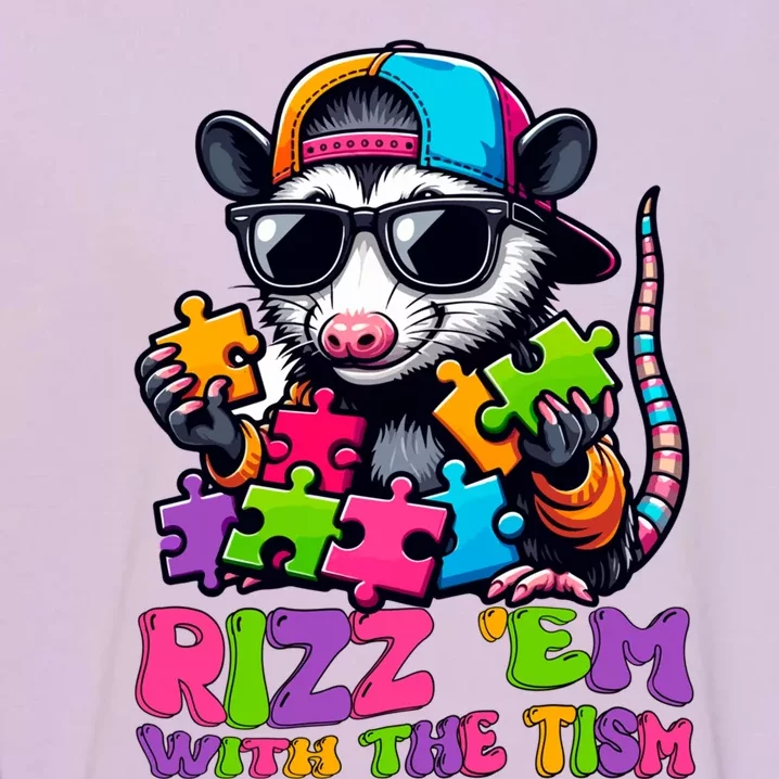 Funny Rizz Em With The Tism Groovy Opossum Meme Autism Gift Garment-Dyed Sweatshirt