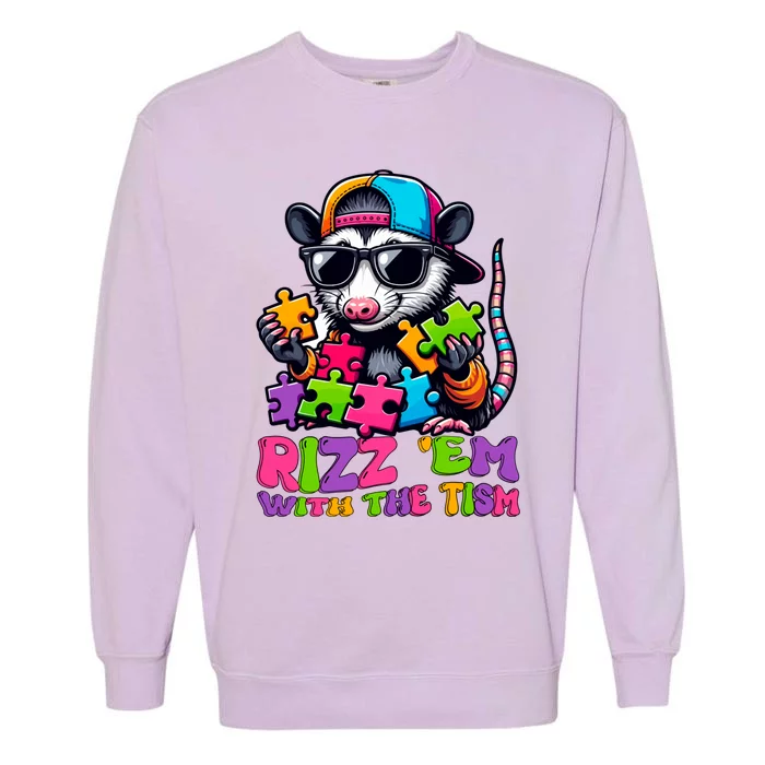 Funny Rizz Em With The Tism Groovy Opossum Meme Autism Gift Garment-Dyed Sweatshirt