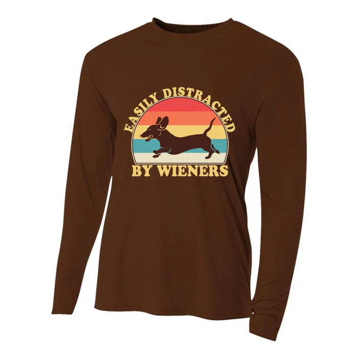 Funny Retro Easily Distracted By Wieners Dachshund fan Cooling Performance Long Sleeve Crew