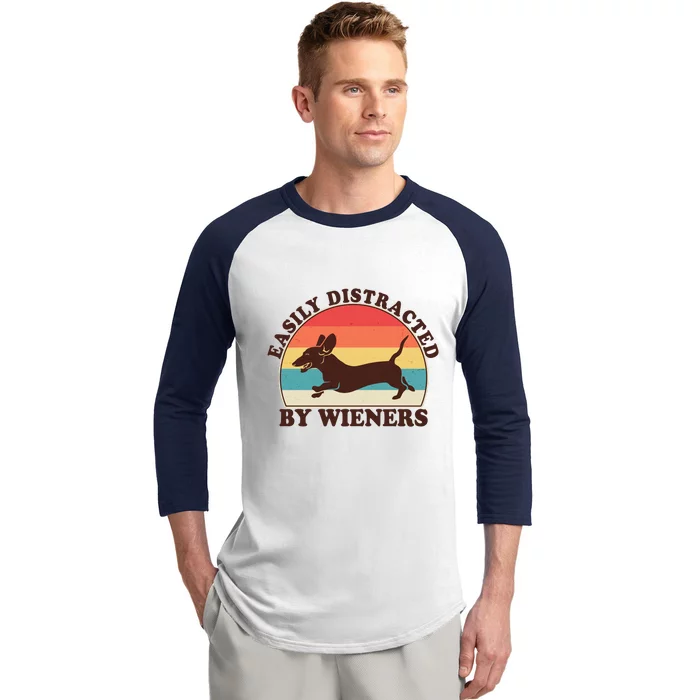 Funny Retro Easily Distracted By Wieners Dachshund fan Baseball Sleeve Shirt