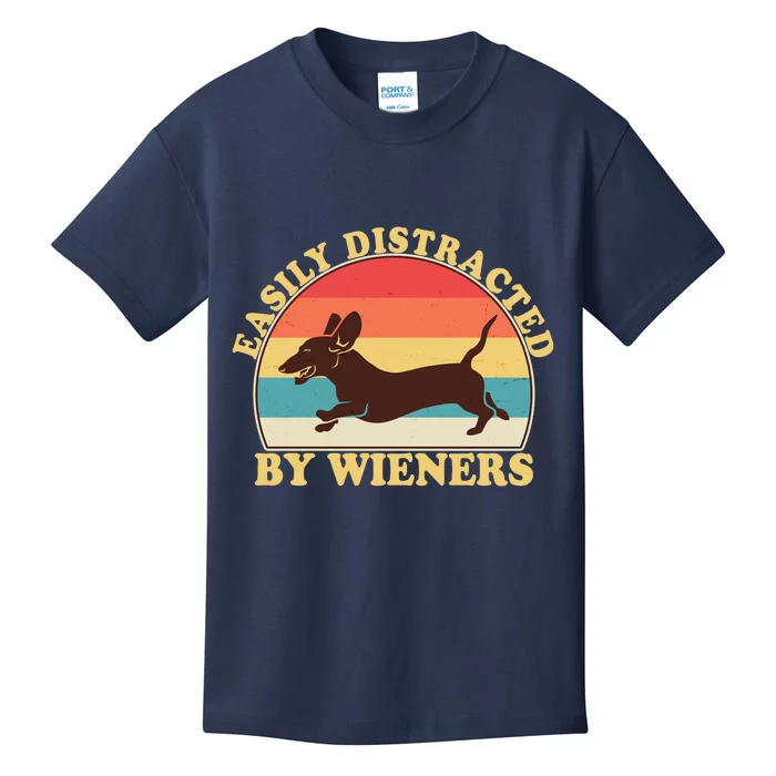 Funny Retro Easily Distracted By Wieners Dachshund fan Kids T-Shirt