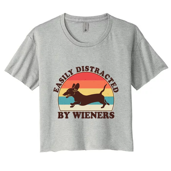 Funny Retro Easily Distracted By Wieners Dachshund fan Women's Crop Top Tee