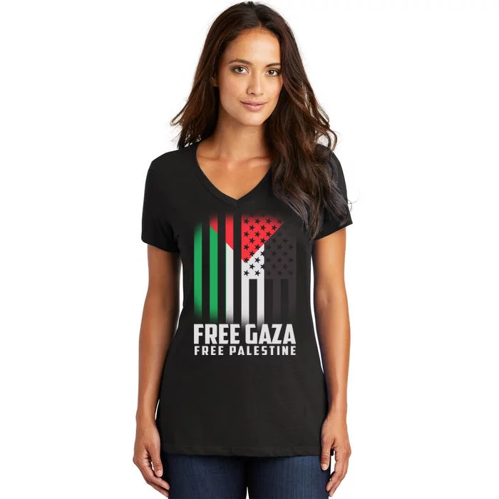 Free Gaza Free Palestine US Palestine Flag colors Women's V-Neck T-Shirt