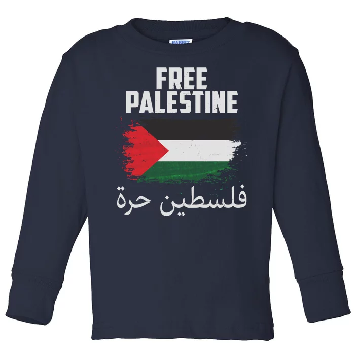 Free Palestine Arabic Distressed Painted Flag Toddler Long Sleeve Shirt