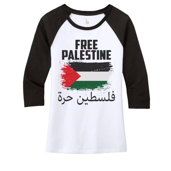 Free Palestine Arabic Distressed Painted Flag Women's Tri-Blend 3/4-Sleeve Raglan Shirt