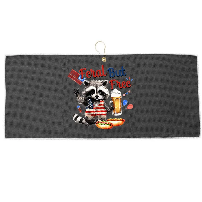 Funny Raccoon Feral But Free 4th Of July American Flag Large Microfiber Waffle Golf Towel