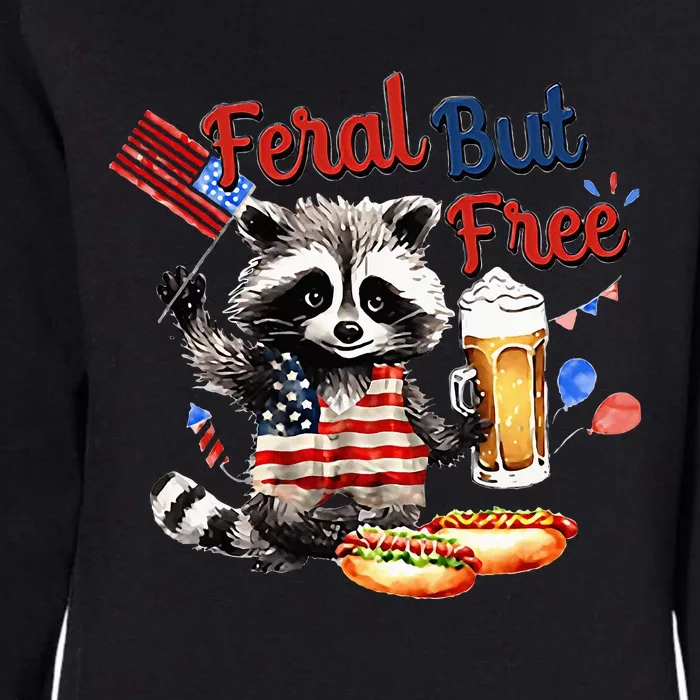 Funny Raccoon Feral But Free 4th Of July American Flag Womens California Wash Sweatshirt