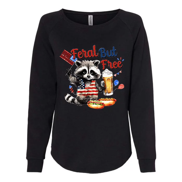 Funny Raccoon Feral But Free 4th Of July American Flag Womens California Wash Sweatshirt