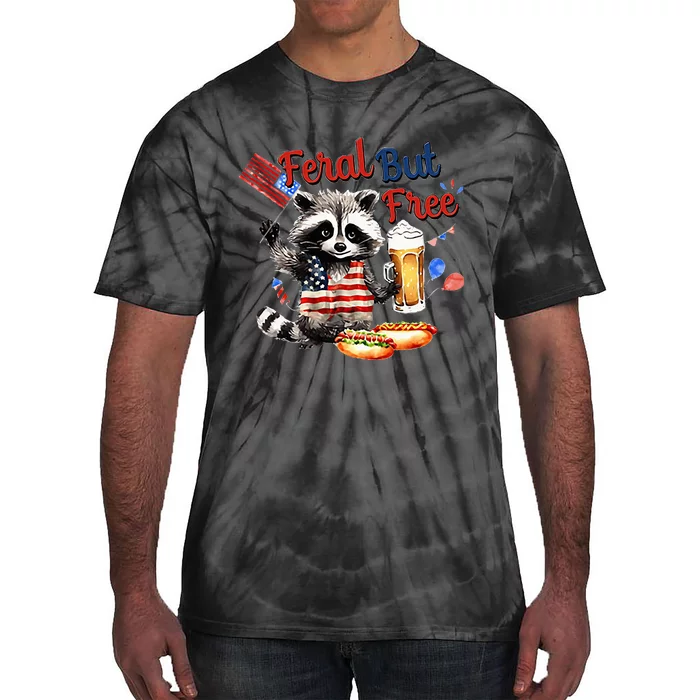 Funny Raccoon Feral But Free 4th Of July American Flag Tie-Dye T-Shirt