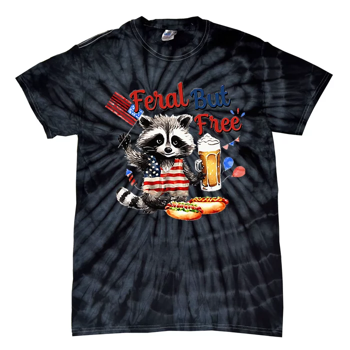 Funny Raccoon Feral But Free 4th Of July American Flag Tie-Dye T-Shirt