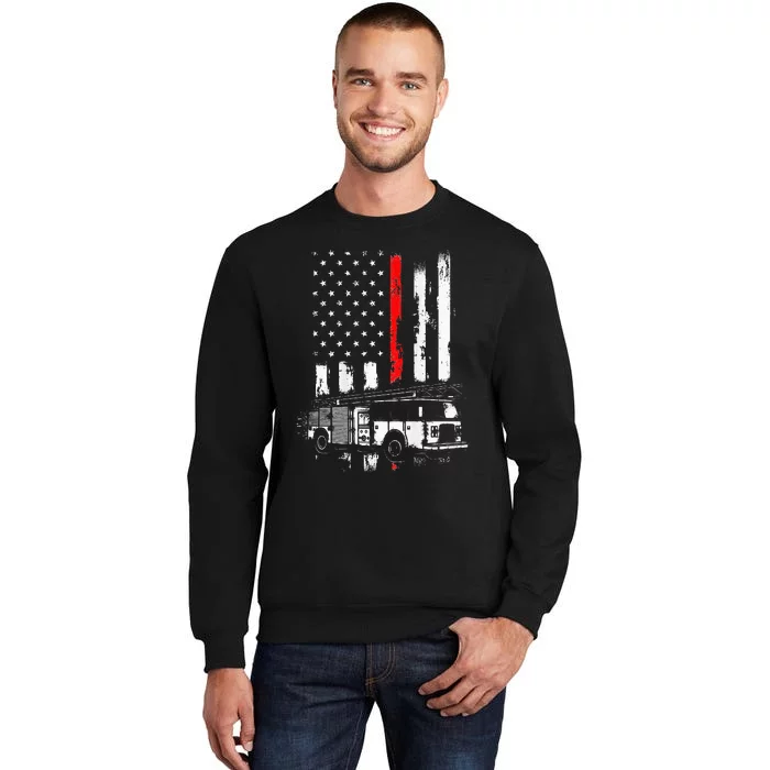 Fireman Red Flag Distressed Firefighter Truck American Flag Sweatshirt