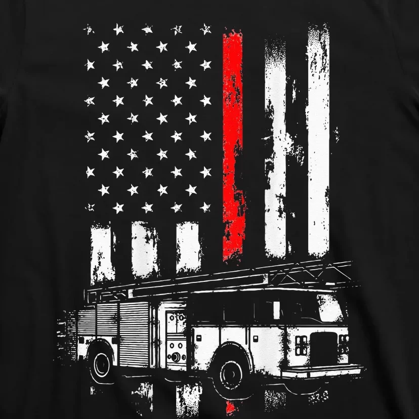 Fireman Red Flag Distressed Firefighter Truck American Flag T-Shirt