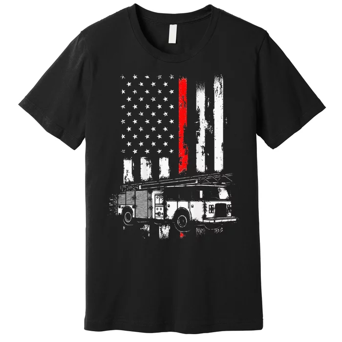 Fireman Red Flag Distressed Firefighter Truck American Flag Premium T-Shirt