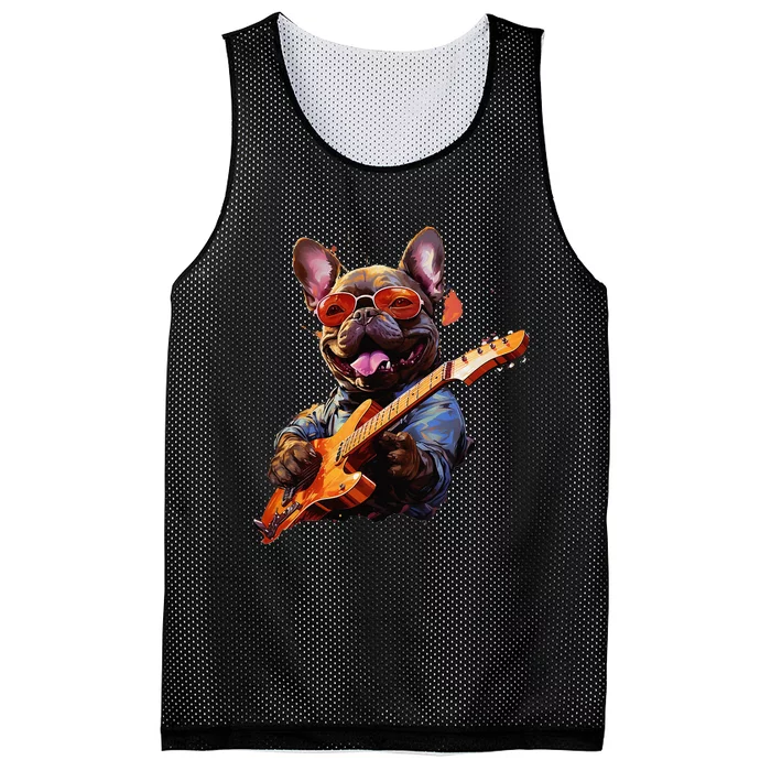 Funny Rock French Bulldog Playing Guitar Mesh Reversible Basketball Jersey Tank