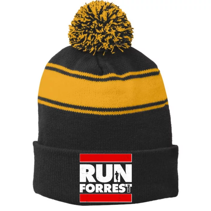 Funny Run Forrest Run Logo Stripe Pom Pom Beanie