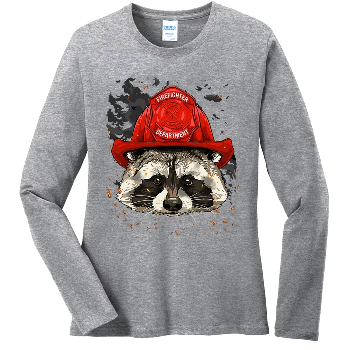 Firefighter Raccoon Fire Department Fireman Trash Panda Ladies Long Sleeve Shirt