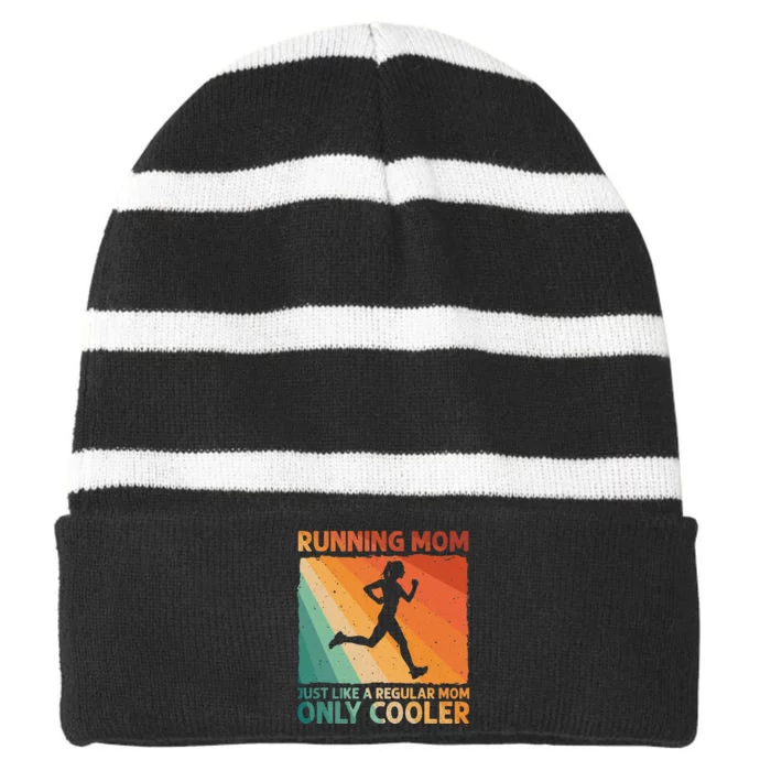 Funny Running For Mom Marathoner Runner Coach Racing Striped Beanie with Solid Band