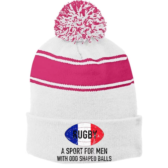 France Rugby Flag With Strange Shaped Balls Stripe Pom Pom Beanie