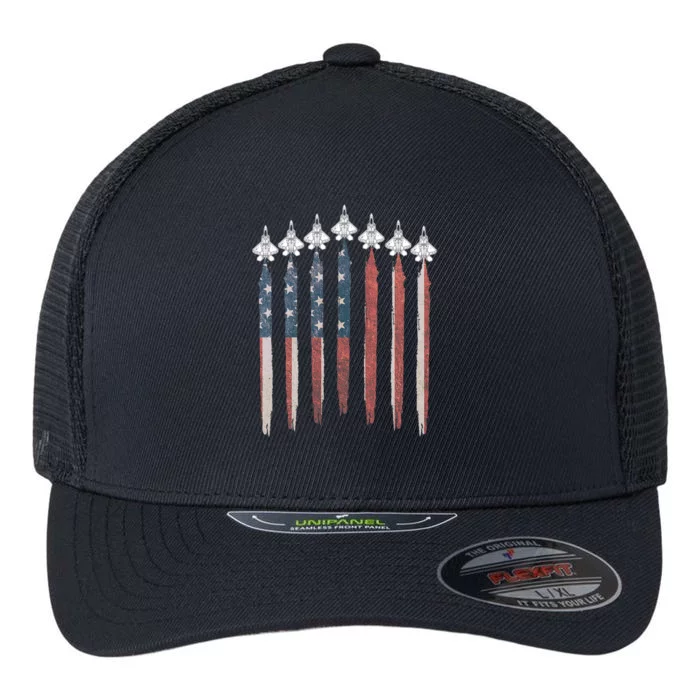 F22 Raptor Fighter Jet USA Flag Airplane F22 4th Of July Flexfit Unipanel Trucker Cap