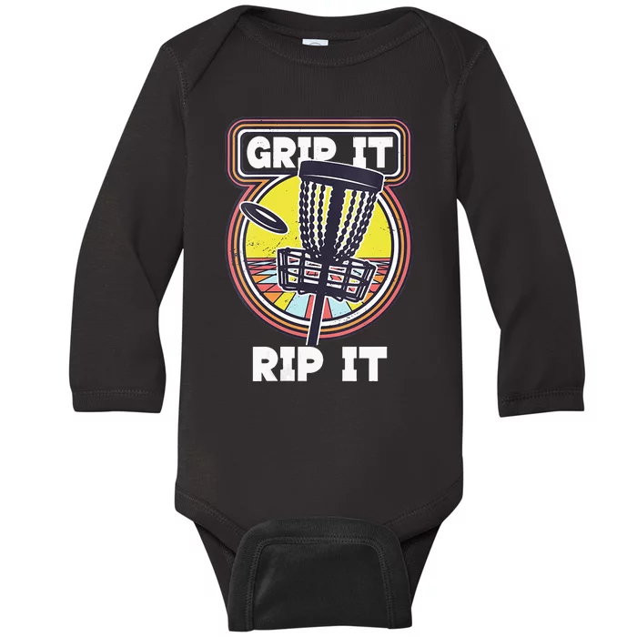 Funny Retro Grip and Rip It Disc Golf Baby Long Sleeve Bodysuit