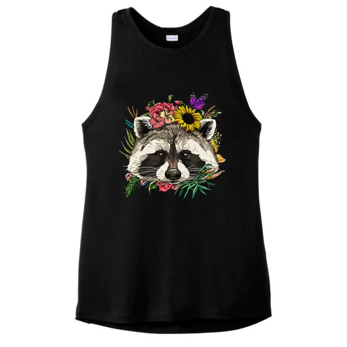 Floral Raccoon Gardening Botanical Plant Flower Trash Panda Ladies Tri-Blend Wicking Tank