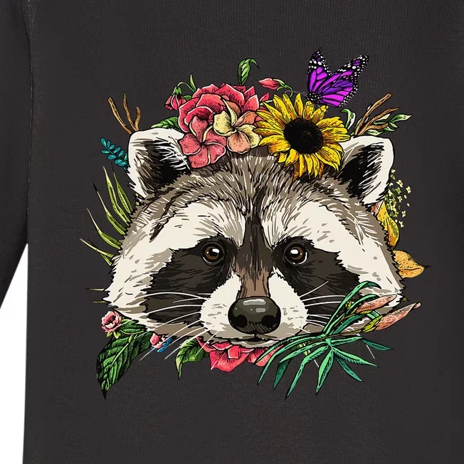 Floral Raccoon Gardening Botanical Plant Flower Trash Panda Baby Long Sleeve Bodysuit