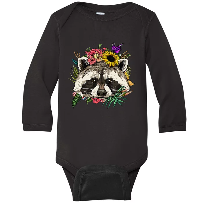 Floral Raccoon Gardening Botanical Plant Flower Trash Panda Baby Long Sleeve Bodysuit