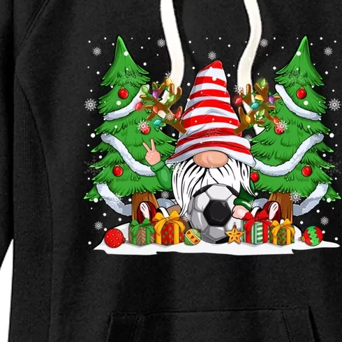 Funny Reindeer Gnome And Soccer Ball Christmas Lights Xmas Pjs Gift Women's Fleece Hoodie