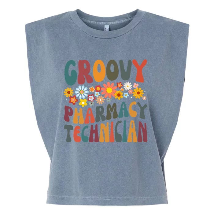 Floral Retro Groovy Hilarious Pharmacy Technician Pharmacist Garment-Dyed Women's Muscle Tee