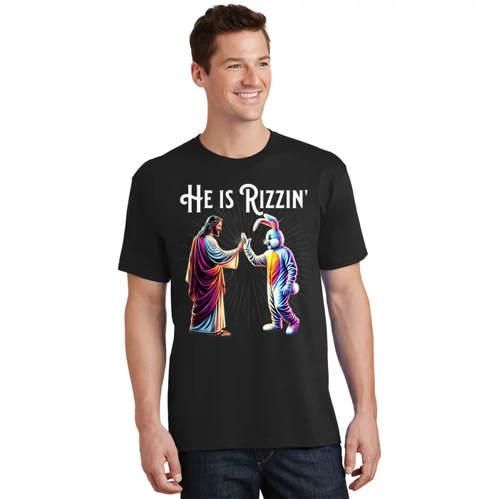 Funny Rizz He Is Rizzin Jesus High Five Easter Bunny T-Shirt